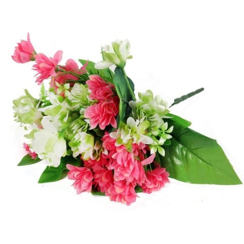 BUKIET 12 DROBNYCH DALII Z DUŻYMI LIŚĆMI 42 CM RÓŻOWO ZIELONY