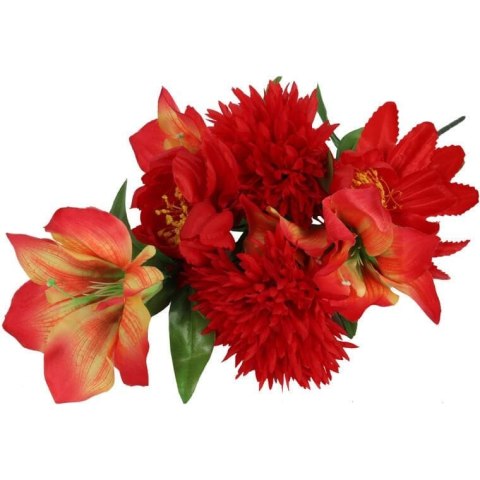 Bukiet 9 sztuk mieszanych kwiatów: 3 Lilie, 4 Amarylisy, 2 Chryzantemy, Kolor Czerwony, Wysokość 58 cm, Wygląd Naturalny