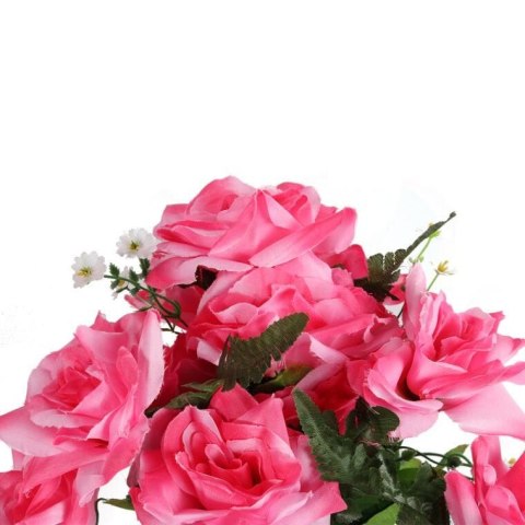 Bukiet Sztucznych Róż z Paprocią, Kolor Jasno Różowy, Wysokość 46 cm