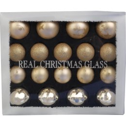 Elegancki Komplet 18 Bombek Szklanych w Kolorze Szampana z Matem, Połyskiem i Brokatem