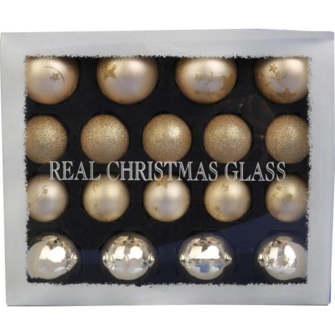 Elegancki Komplet 18 Bombek Szklanych w Kolorze Szampana z Matem, Połyskiem i Brokatem