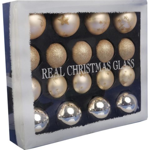 Elegancki Komplet 18 Bombek Szklanych w Kolorze Szampana z Matem, Połyskiem i Brokatem