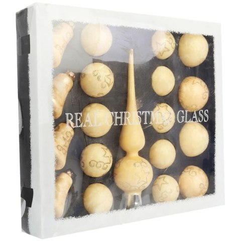 Elegancki Zestaw Świątecznych Bombek Szklanych i Czubka w Kolorze Kremowym - 18 sztuk