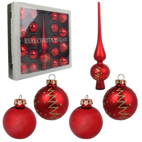 Elegancki Zestaw Świątecznych Bombek Szklanych z Czubkiem - Kolor Czerwony, 18 Sztuk