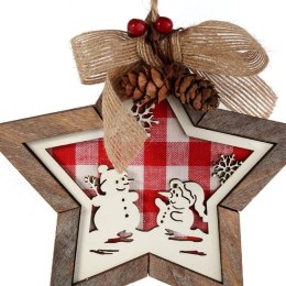 GWIAZDA DREWNIANA 15 CM ZAWIESZKA Z OBRAZKIEM W BAŁWANY CZERWONA