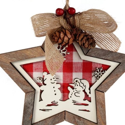GWIAZDA DREWNIANA 15 CM ZAWIESZKA Z OBRAZKIEM W BAŁWANY CZERWONA
