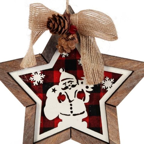 GWIAZDA DREWNIANA 15 CM ZAWIESZKA Z OBRAZKIEM W MIKOŁAJA CZERWONA