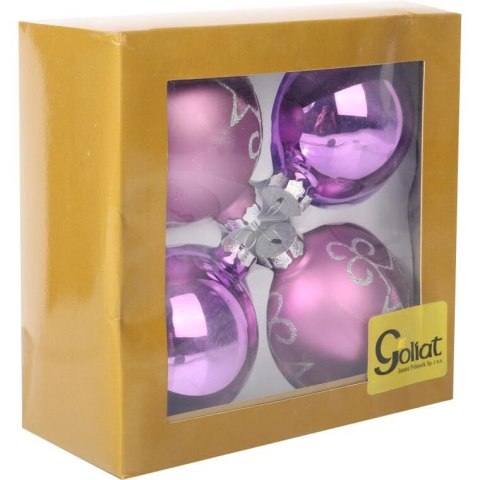 Komplet 4 Eleganckie Bombki Szklane 8cm w Kolorze Fioletowym - Dwie Matowe, Dwie Dekorowane