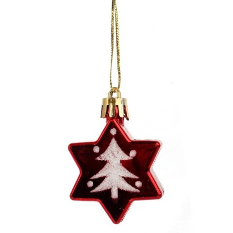 Komplet 5 Czerwonych Bombek w Kształcie Gwiazd z Dekorem Choinkowym