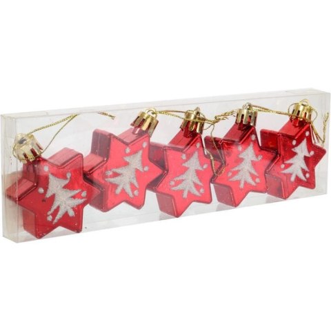 Komplet 5 Czerwonych Bombek w Kształcie Gwiazd z Dekorem Choinkowym