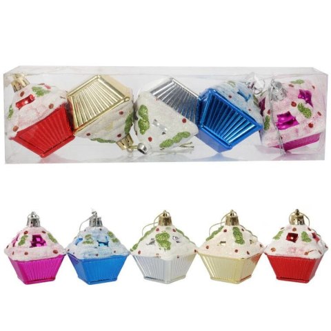 Komplet 5 Kolorowych Bombek Świątecznych w Kształcie Babeczek z Brokatowym Dekorem