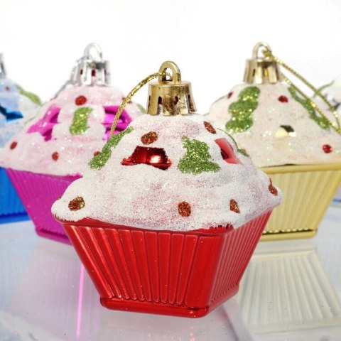 Komplet 5 Kolorowych Bombek Świątecznych w Kształcie Babeczek z Brokatowym Dekorem