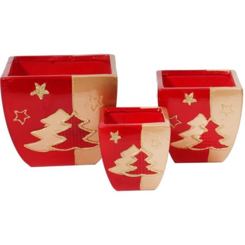 Świąteczna osłonka z ceramiki czerwona 2 choinki 14 cm KWADRAT