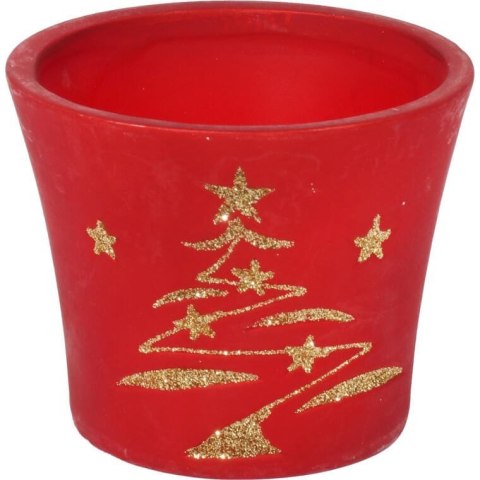 Świąteczna osłonka z ceramiki czerwona z choinką 15 cm IV