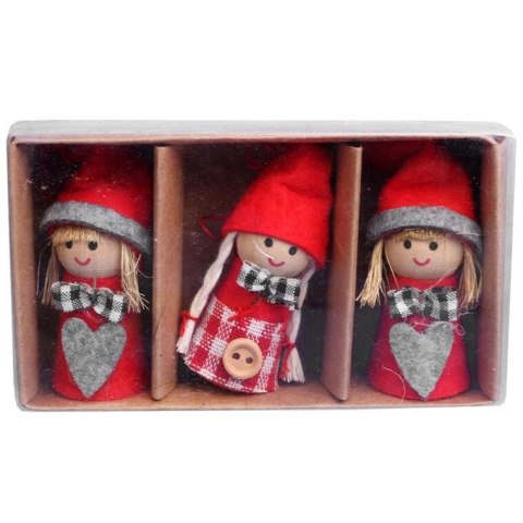 ZESTAW 3 CZERWONO-SZARYCH ZAWIESZEK ŚWIĄTECZNYCH W KSZTAŁCIE DZIEWCZYNEK