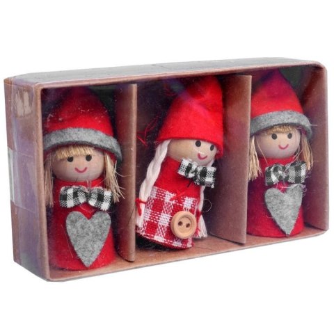 ZESTAW 3 CZERWONO-SZARYCH ZAWIESZEK ŚWIĄTECZNYCH W KSZTAŁCIE DZIEWCZYNEK