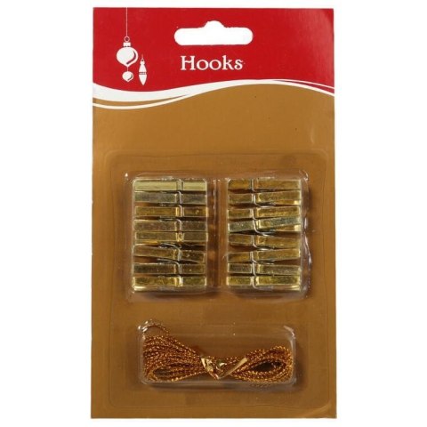 Zestaw 16 Złotych Dekoracyjnych Klamerek 3cm + Srebrny Sznuerek do Dekoracji i Wyeksponowania Zdjęć