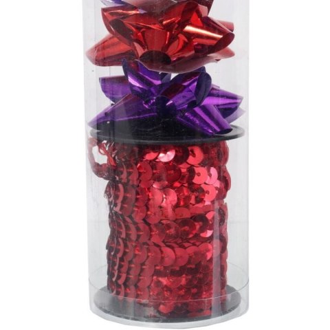 Zestaw do pakowania prezentów: rozetki + wstążka cekinowa kolor czerwono fioletowy