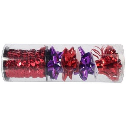 Zestaw do pakowania prezentów: rozetki + wstążka cekinowa kolor czerwono fioletowy