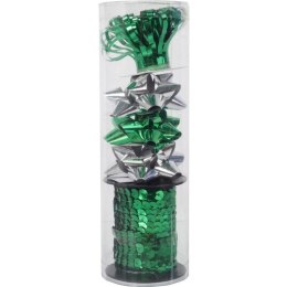 Zestaw do pakowania prezentów: rozetki + wstążka cekinowa kolor zielono srebrny