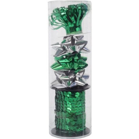 Zestaw do pakowania prezentów: rozetki + wstążka cekinowa kolor zielono srebrny