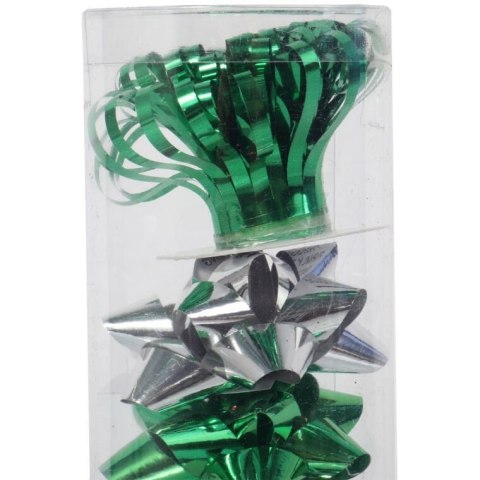 Zestaw do pakowania prezentów: rozetki + wstążka cekinowa kolor zielono srebrny