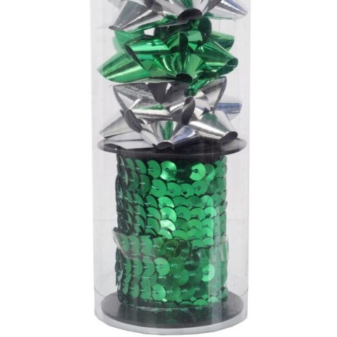 Zestaw do pakowania prezentów: rozetki + wstążka cekinowa kolor zielono srebrny