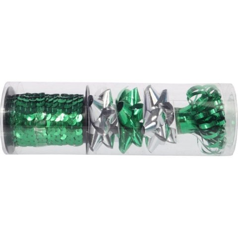 Zestaw do pakowania prezentów: rozetki + wstążka cekinowa kolor zielono srebrny