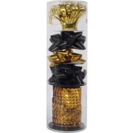 Zestaw do pakowania prezentów: rozetki + wstążka kolor złoto czarny