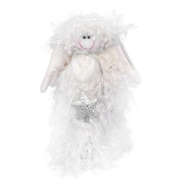 Aniołek Stojący z Włóczki ze Srebrną Gwiazdą 25cm - Figurka Choinkowa/Białe Świąteczne Dekoracje