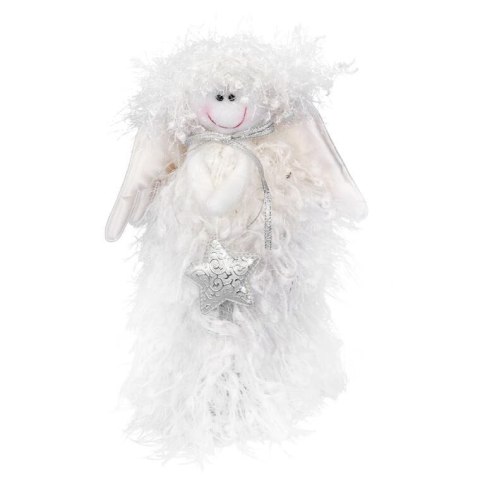 Aniołek Stojący z Włóczki ze Srebrną Gwiazdą 25cm - Figurka Choinkowa/Białe Świąteczne Dekoracje