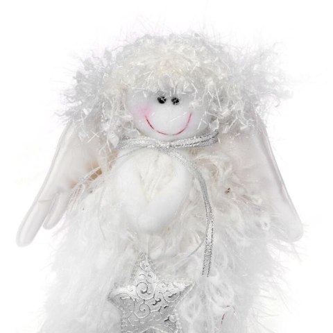 Aniołek Stojący z Włóczki ze Srebrną Gwiazdą 25cm - Figurka Choinkowa/Białe Świąteczne Dekoracje