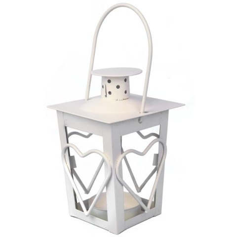 Biała Metalowa Latarenka z Motywem Serca na Świeczki Tealight 12 cm