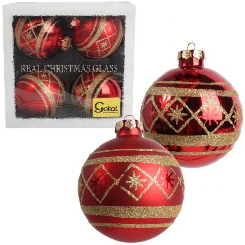 Elegancki Zestaw 4 Czerwonych, Dekorowanych Bombek Szklanych o Wielkości 10 cm