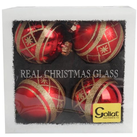 Elegancki Zestaw 4 Czerwonych, Dekorowanych Bombek Szklanych o Wielkości 10 cm