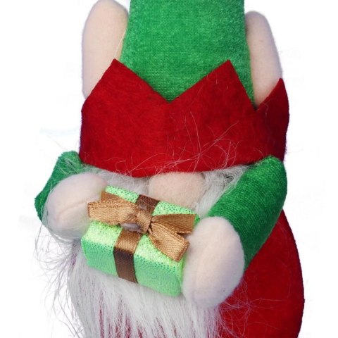 Figurka Świątecznego Skrzata z Dzwonkiem i Prezentem, 25 cm, Kolor Czerwono-Zielony
