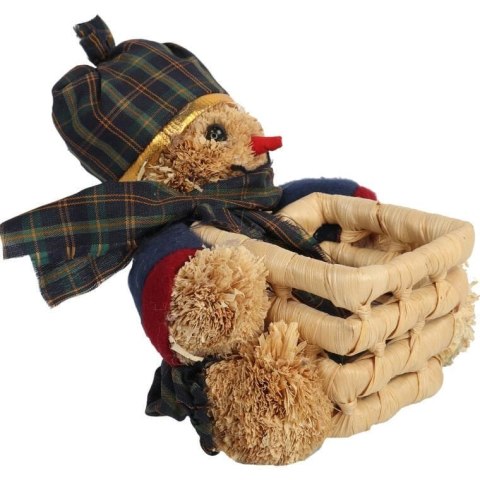 KWADRATOWY KOSZYK ŚWIĄTECZNY Z TROCINOWYM BAŁWANKIEM W GRANATOWYM UBRANKU 16 CM