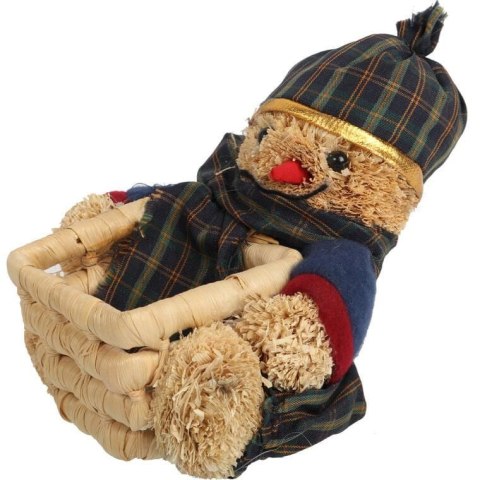 KWADRATOWY KOSZYK ŚWIĄTECZNY Z TROCINOWYM BAŁWANKIEM W GRANATOWYM UBRANKU 16 CM