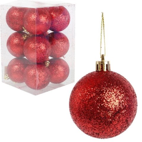 Komplet 12 Czerwonych Bombek Brokatowych o Średnicy 6 cm