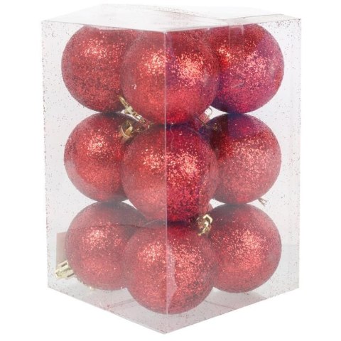 Komplet 12 Czerwonych Bombek Brokatowych o Średnicy 6 cm