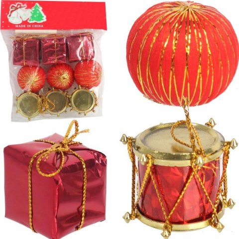Komplet 9 Czerwonych Ozdób Bożonarodzeniowych do Zawieszenia: Bębenki, Paczuszki, Kulki