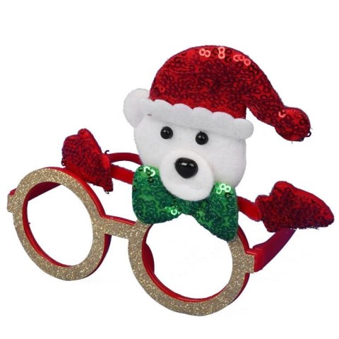 Okulary Świąteczne Brokatowe z Figurką Misia, Czerwone, 14x14 cm