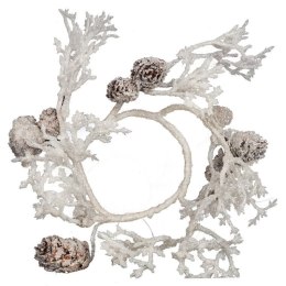 STROIK ŚWIĄTECZNY NA ŚWIECZKĘ Z BIAŁYMI BROKATOWYMI SZYSZKAMI 15 CM