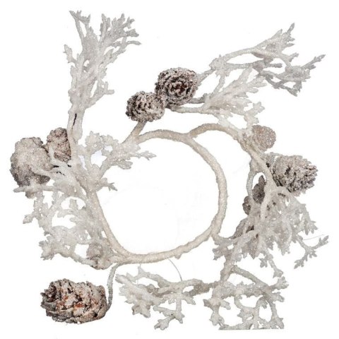 STROIK ŚWIĄTECZNY NA ŚWIECZKĘ Z BIAŁYMI BROKATOWYMI SZYSZKAMI 15 CM