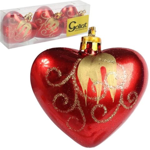 Zestaw 3 Czerwonych Bombek Plastikowych w Kształcie Serc z Brokatowym Dekorem, 7cm