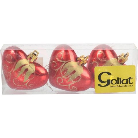 Zestaw 3 Czerwonych Bombek Plastikowych w Kształcie Serc z Brokatowym Dekorem, 7cm