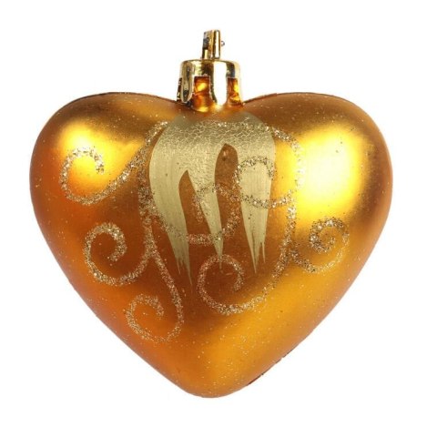 Zestaw 3 Złotych Bombek Plastikowych w Kształcie Serc z Brokatowym Dekorem, 7 cm