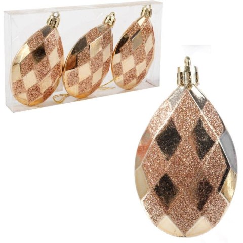 Zestaw 3 Złotych Bombek w Kształcie Kropli, 9 cm, z Brokatowym Dekorem