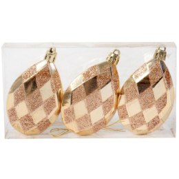 Zestaw 3 Złotych Bombek w Kształcie Kropli, 9 cm, z Brokatowym Dekorem
