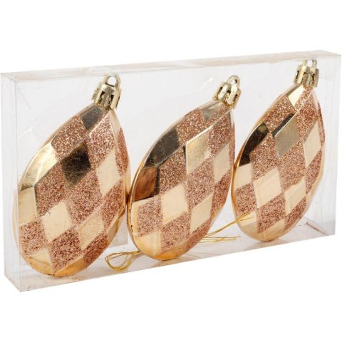 Zestaw 3 Złotych Bombek w Kształcie Kropli, 9 cm, z Brokatowym Dekorem